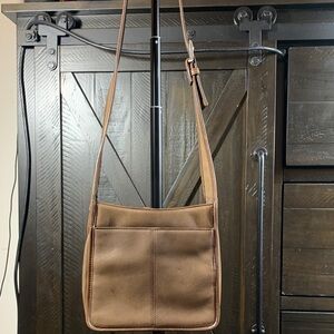 Vintage brown, genuine, leather square, shoulder bag.